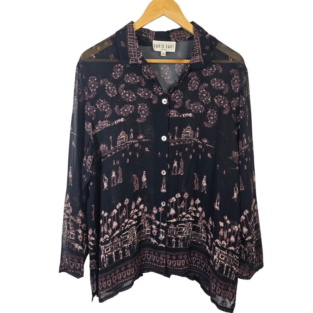 David‎ Dart Vintage 90s Taj Mahal Scenic Print Sheer Rayon Blouse Black Mauve M